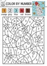 Vector Christmas color by number activity with snowman and stars. Winter holiday coloring and counting game with cute snow man.