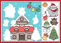 Vector Christmas cut and glue activity. Crafting game with cute kawaii New Year scene. Fun winter holiday printable worksheet.