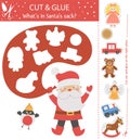Vector Christmas cut and glue activity. Winter educational crafting game with cute Santa Claus, Bullfinch and toys. Fun activity