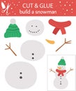 Vector Christmas cut and glue activity. Winter educational crafting game with cute snowman. Fun activity for kids. Build a snowman