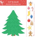 Vector Christmas cut and glue activity. Winter educational crafting game with cute toys, gingerbread, stocking. Fun activity for Royalty Free Stock Photo