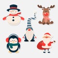 Vector Cute Christmas Characters and Animals. Patch, Sticker Set. Santa Claus, Snowman, Reindeer, Gnome, Penguin in Royalty Free Stock Photo