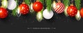 Vector Christmas decoration isolated on black background. Seamless holiday border with Christmas balls, Christmas tree Royalty Free Stock Photo