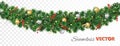 Vector Christmas decoration. Pine tree garland with ornaments Royalty Free Stock Photo