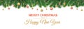 Vector Christmas decoration. Christmas tree border, frame with golden ornaments. Royalty Free Stock Photo