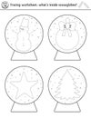 Vector Christmas drawing practice worksheet. Winter printable black and white activity for pre-school children. Educational