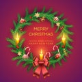 Vector Christmas Fir Wreath with candles, golden bell, red berries, candy canes, bow and balls . Realistic Xmas wreath. Royalty Free Stock Photo