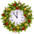 Vector Christmas Fir Wreath with Clock Royalty Free Stock Photo