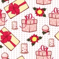 Vector Christmas gifts boxes and candles seamless repeat pattern background. Can be used for holiday giftwrap, fabric