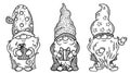 Vector Christmas gnomes cartoons. Cute Little Christmas Gnome Collection. New Year's gnomes with gifts in hats.