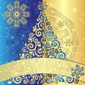 Vector christmas golden and blue vintage background with fir tree Royalty Free Stock Photo