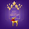 Vector christmas golden reindeer on purple frame