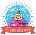 Vector Christmas greeting card in badge shape . Fat cat sitting in gift box. Bright happy colors. Cute design in cartoon