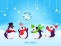 Vector Christmas greeting card with four dancing cartoon penguins and Happy Holidys text. Disco ball, snowflakes, stars and Royalty Free Stock Photo