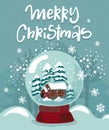 Vector Christmas greeting card with illustration of snow globe with a small house Royalty Free Stock Photo