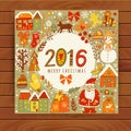 Vector Christmas greeting card templates on wood table, Merry Christmas. Wreath design made of childish doodles: Santa, houses, d Royalty Free Stock Photo