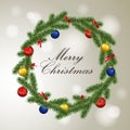 Vector christmas greeting with realistic beautiful christmas wreath frame decorated with colorful baubles and ribbons Royalty Free Stock Photo