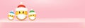 Vector Christmas horizontal banner with funky Emoji sticker with mouth medical protection mask and santa claus red hat