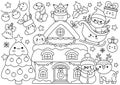 Vector Christmas horizontal line coloring page for kids with cute kawaii characters. Black and white winter holiday illustration