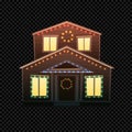 Vector Christmas House Isolated on Dark Transparent Background. Festive House with Bright Xmas Lights in Different Royalty Free Stock Photo