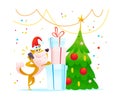 Vector christmas illustration of cheerful dog character in santa hat with mobile phone, gift boxes standing at fir tree isolated o Royalty Free Stock Photo