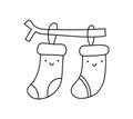 Vector Christmas illustration couple of warm knitted happy smilling line socks. Pair of cute patterned elements for