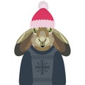 Vector Christmas illustration of a cute boy hare in sweater and hat on white background