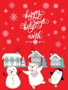 Vector Merry Christmas congratulation rabbits and houses