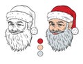 Vector Christmas illustration isolated from white background. Santa Claus head with color palette for coloring. Smiling Santa