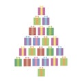 Vector Christmas illustration with a Christmas tree made of colorful multi-colored color square gifts with a ribbon and a bow Royalty Free Stock Photo