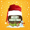 Vector Christmas label with red santa hat, tree , snow, cartoon snowman , kids elves and greeting text on wooden round