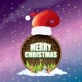 Vector Christmas label with red santa hat, tree , snow, cartoon snowman , kids elves, night starry sky and greeting text