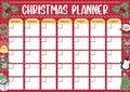 Vector Christmas monthly planner with traditional holiday symbols. Cute winter calendar or timetable for kids. New Year poster