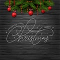 Vector Christmas and New Year card. Border with fir branches with red bow and red balls on black wooden background with holiday Royalty Free Stock Photo