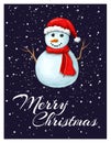Vector christmas or new year card template with cute snowman in red santas hat and lettering Merry Christmas. Dark blue