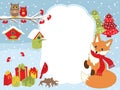 Vector Christmas and New Year Card Template with a Fox, Owls, Cardinal, Birdhouses and Gift Boxes on Snow Background. Royalty Free Stock Photo