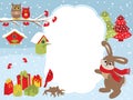 Vector Christmas and New Year Card Template with a Rabbit, Owls, Cardinal, Birdhouses and Gift Boxes on Snow Background. Royalty Free Stock Photo