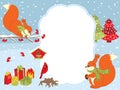 Vector Christmas and New Year Card Template with Squirrels, Cardinal, Gift Boxes and Birdhouses on Snow Background.