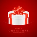 Vector Christmas or New Year gift. White holiday box with red ribbon and bow on red background. Festive greeting card Royalty Free Stock Photo