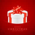 Vector Christmas or New Year gift. White holiday  box with red ribbon and bow  on red background. Festive greeting card, sale Royalty Free Stock Photo