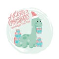 Vector Christmas and New Year greeting card with hand drawn lettering Merry Christmas, flat baby dino brontosaurus with gift boxes