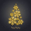 Vector Christmas New Year greeting card with sparkling glitter golden textured snowflake