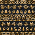 Vector Christmas or New Year knitted seamless pattern. Happy Holidays pixel endless background. Gold festive texture.