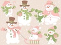 Vector Christmas and New Year Set with Cute Cartoon Snowmen and Winter Elements