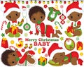 Vector Set with Cute African American Baby Boys Wearing Christmas Clothes and Xmas Elements