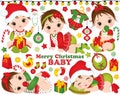 Vector Christmas and New Year Set with Cute Little Baby Girls and Festive Accessories and Toys Royalty Free Stock Photo