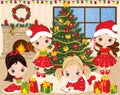 Vector Christmas and New Year set with Cute Little Girls and Xmas Elements