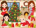 Vector Christmas and New Year Set with Cute Little Girls, Xmas Tree and Fireplace