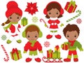 Vector Christmas and New Year Set with Little African American Kids and Winter Elements Royalty Free Stock Photo