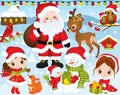 Vector Christmas and New Year Set with Santa, Little Girls, Deer, Owls and Winter Elements Royalty Free Stock Photo